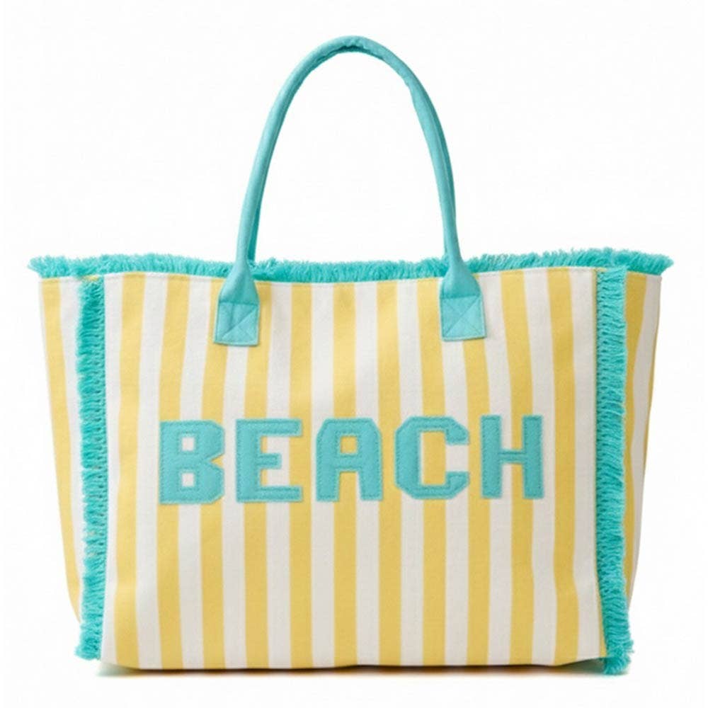 BEACH Letter Embroidery Terry Cloth Frayed Striped Shoulder Tote Bag