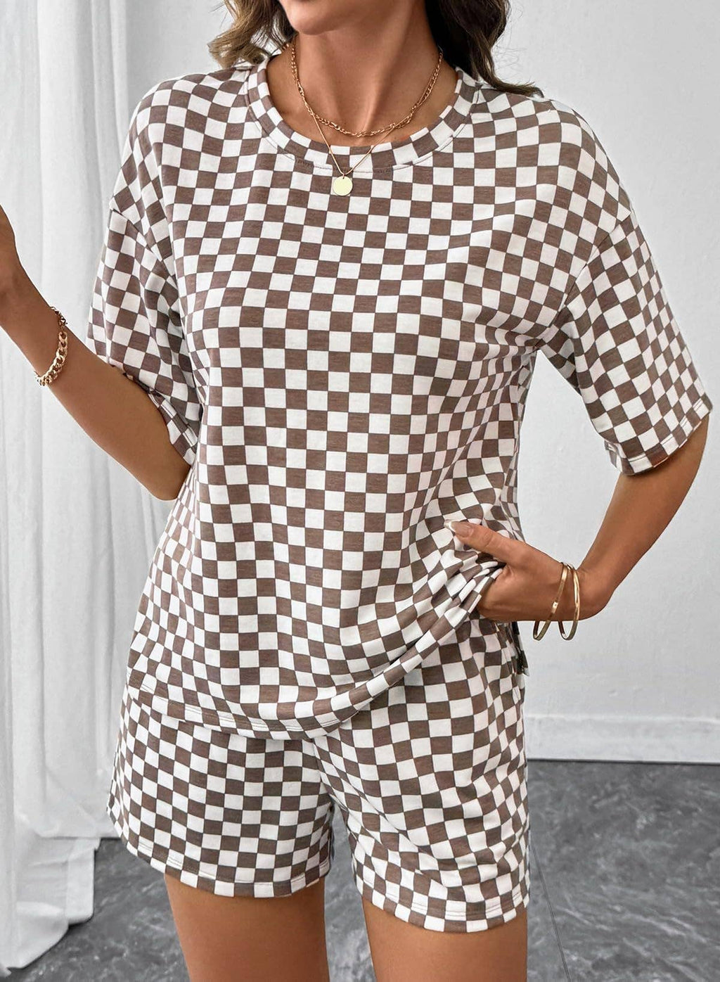 Checkered Short Sleeve Drawstring Lounge Set