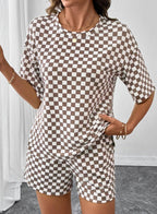 Checkered Short Sleeve Drawstring Lounge Set