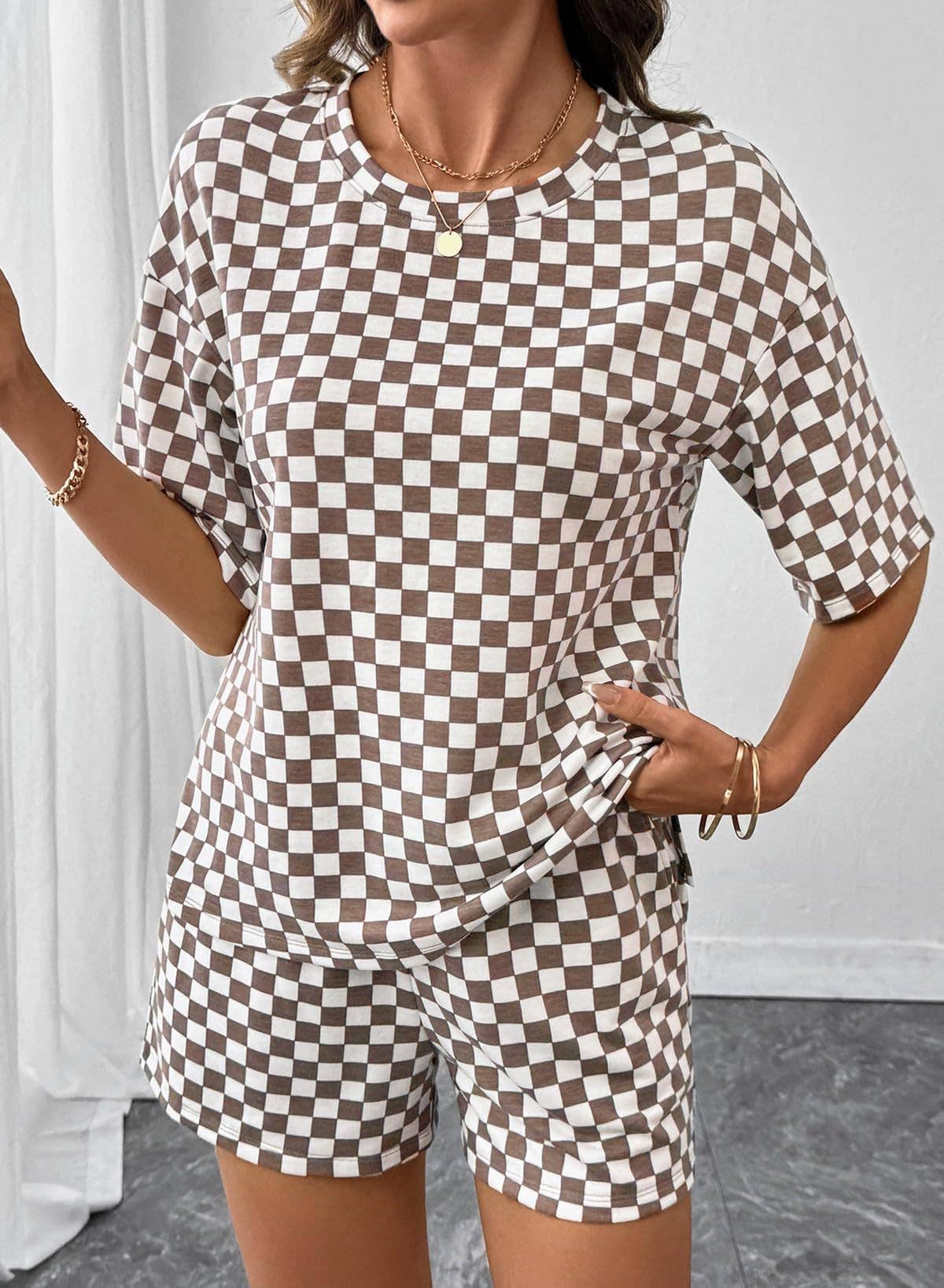 Checkered Short Sleeve Drawstring Lounge Set