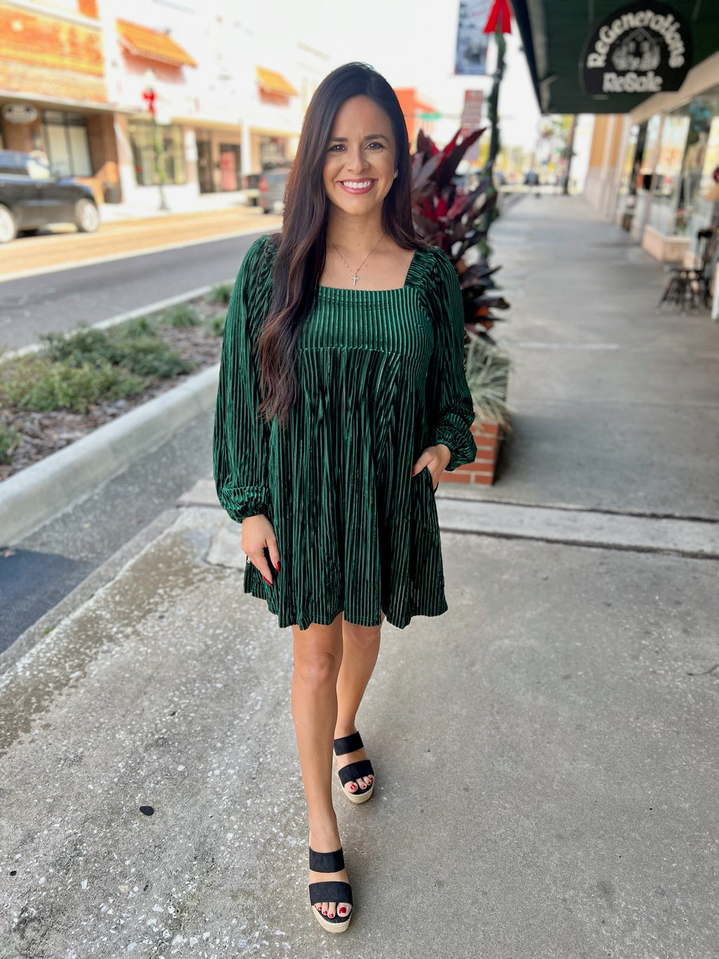 Tie Back Square Neck Velvet Babydoll Dress