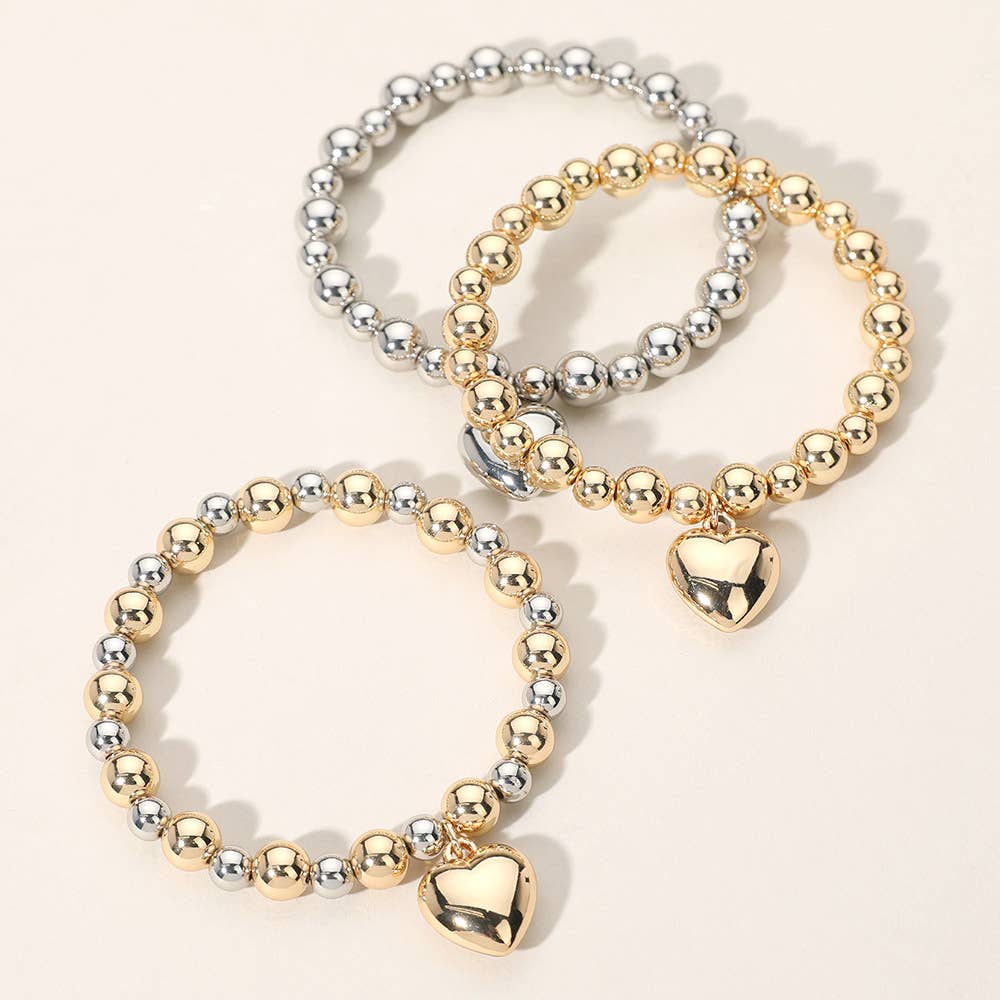 Metal Heart Charm Ball Beaded Stretch Bracelet
