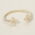 14K Gold Plated CZ Stone Paved Center Mother of Pearl Floral Clover Tip Cuff Bracelet