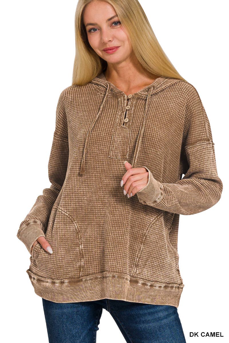 Washed Baby Waffle 3 Button Top - Zenana