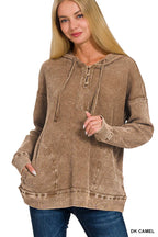 Washed Baby Waffle 3 Button Top - Zenana