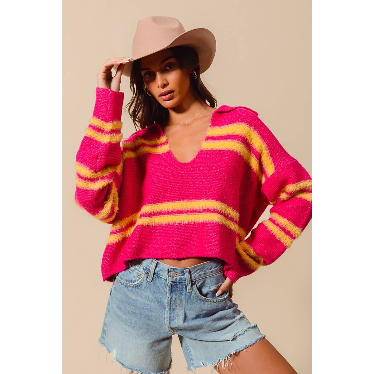 FUZZY HAIRY STRIPE DEEP U NECK SWEATER TOP