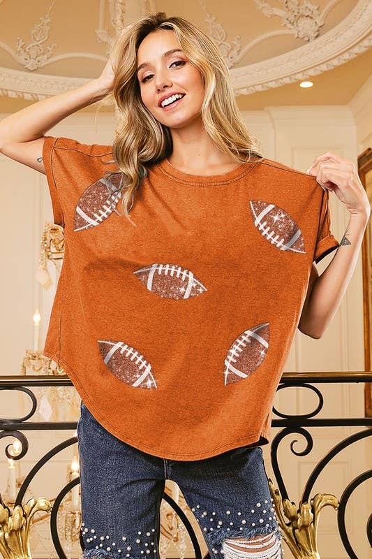 Football Sequin Embroidery Vintage Washed Top