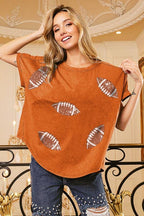 Football Sequin Embroidery Vintage Washed Top