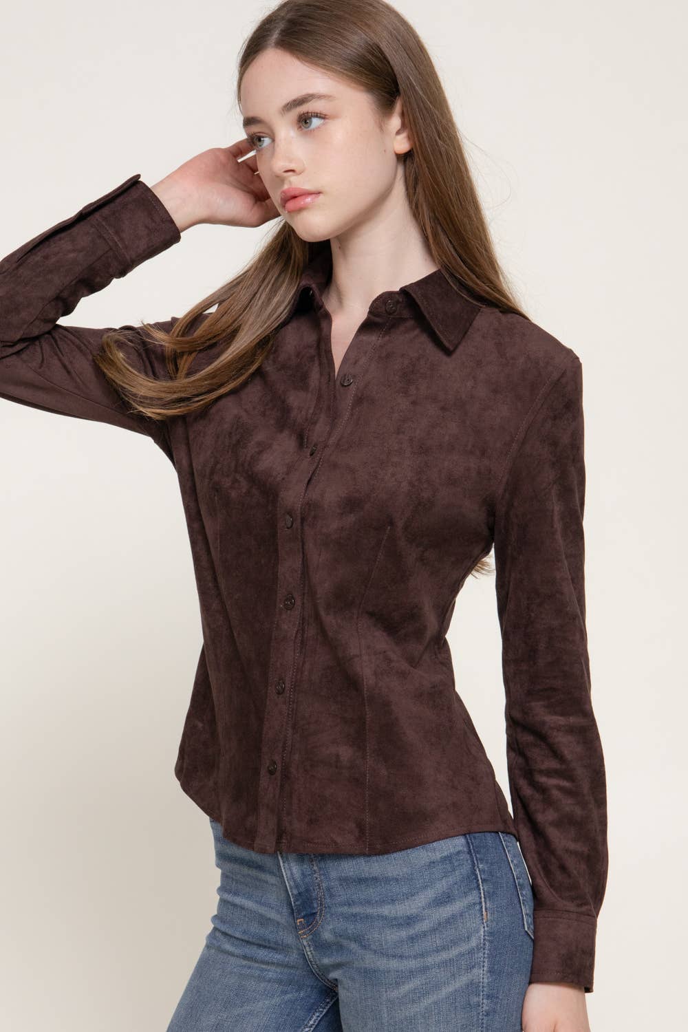 Long Sleeve Button Down Stretch Faux Suede Shirt