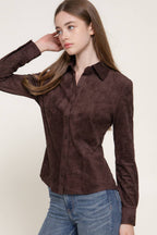 Long Sleeve Button Down Stretch Faux Suede Shirt