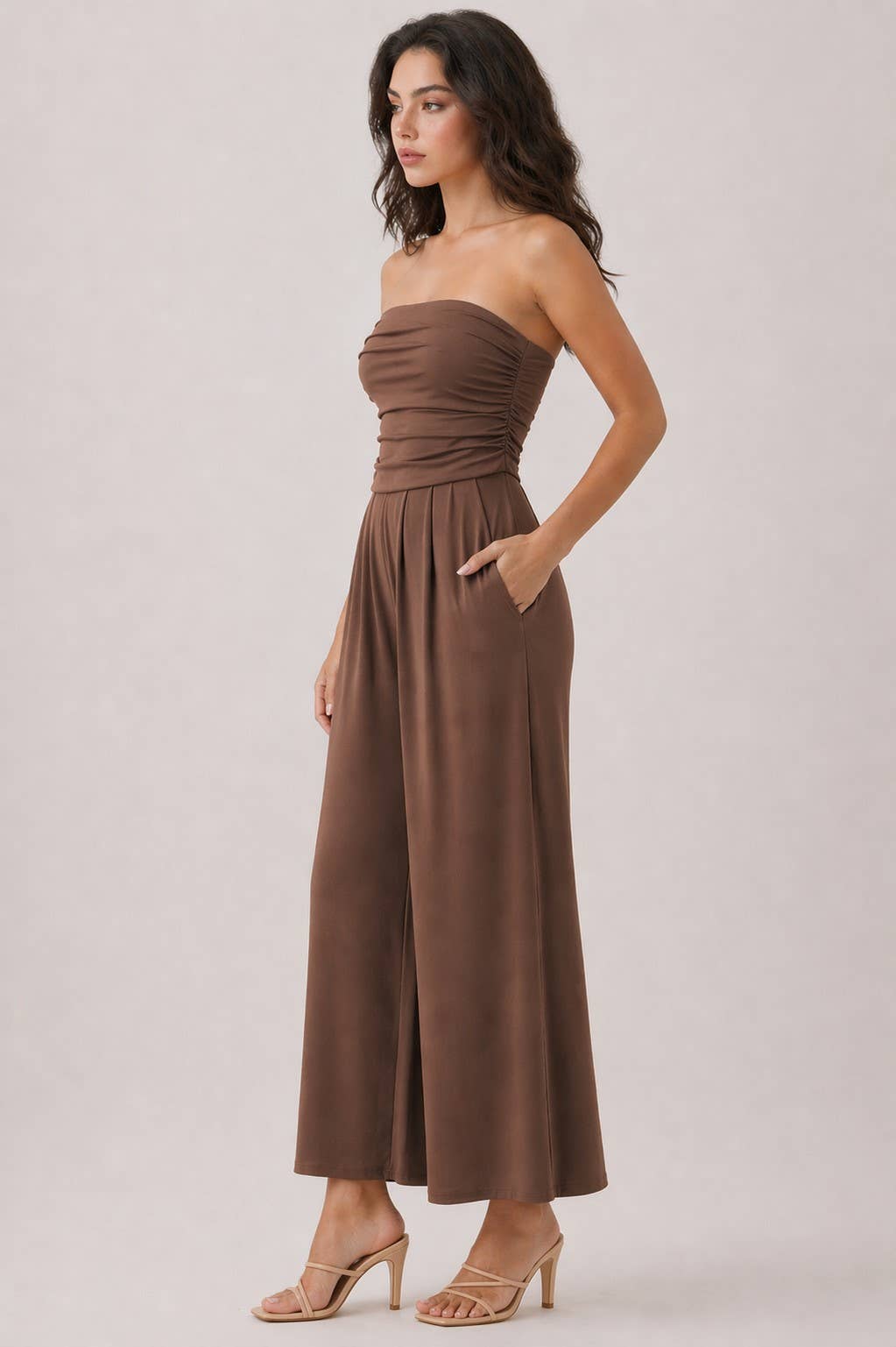 JR16435F - TUBE TOP W/SHIRRING PALAZZO ROMPER
