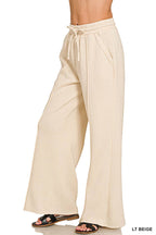 Acid Washed Fleece Pintuck Wide Leg Pants w/ Pockets
