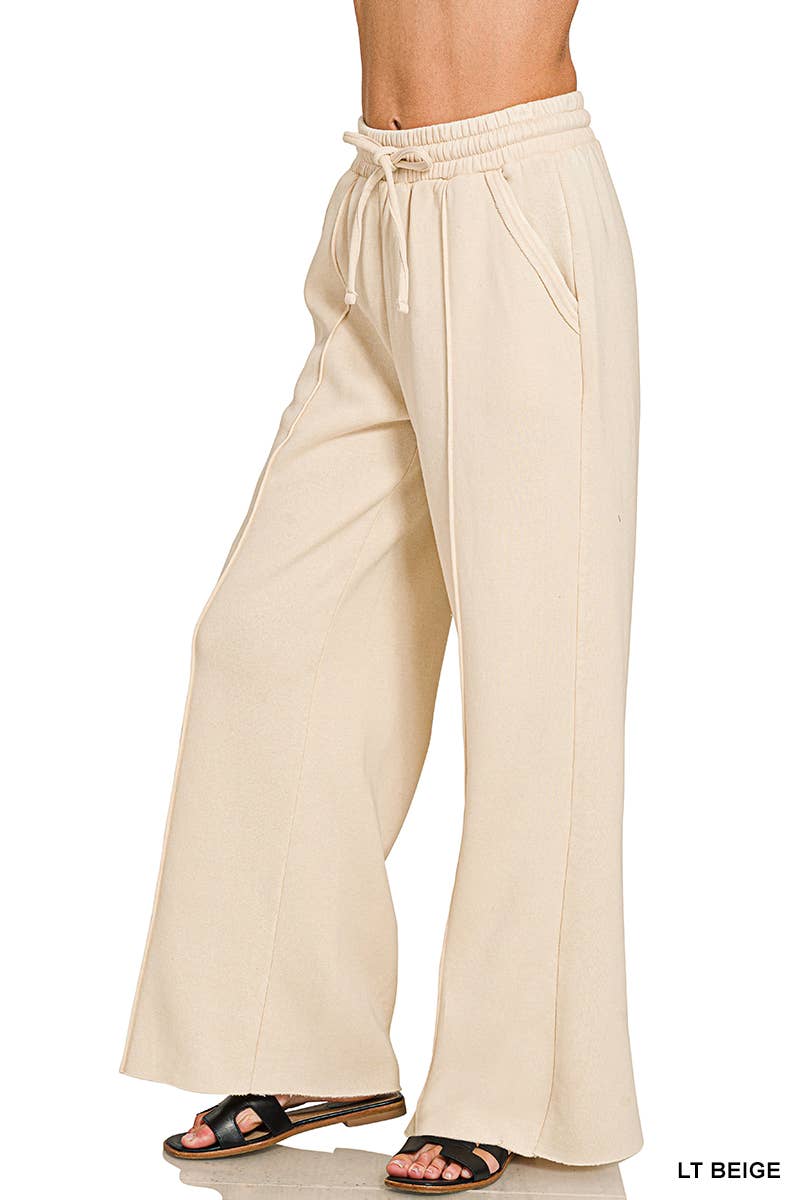 Acid Washed Fleece Pintuck Wide Leg Pants w/ Pockets