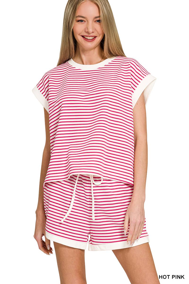 ...Stripe Contrast Trim Top & Shorts Set