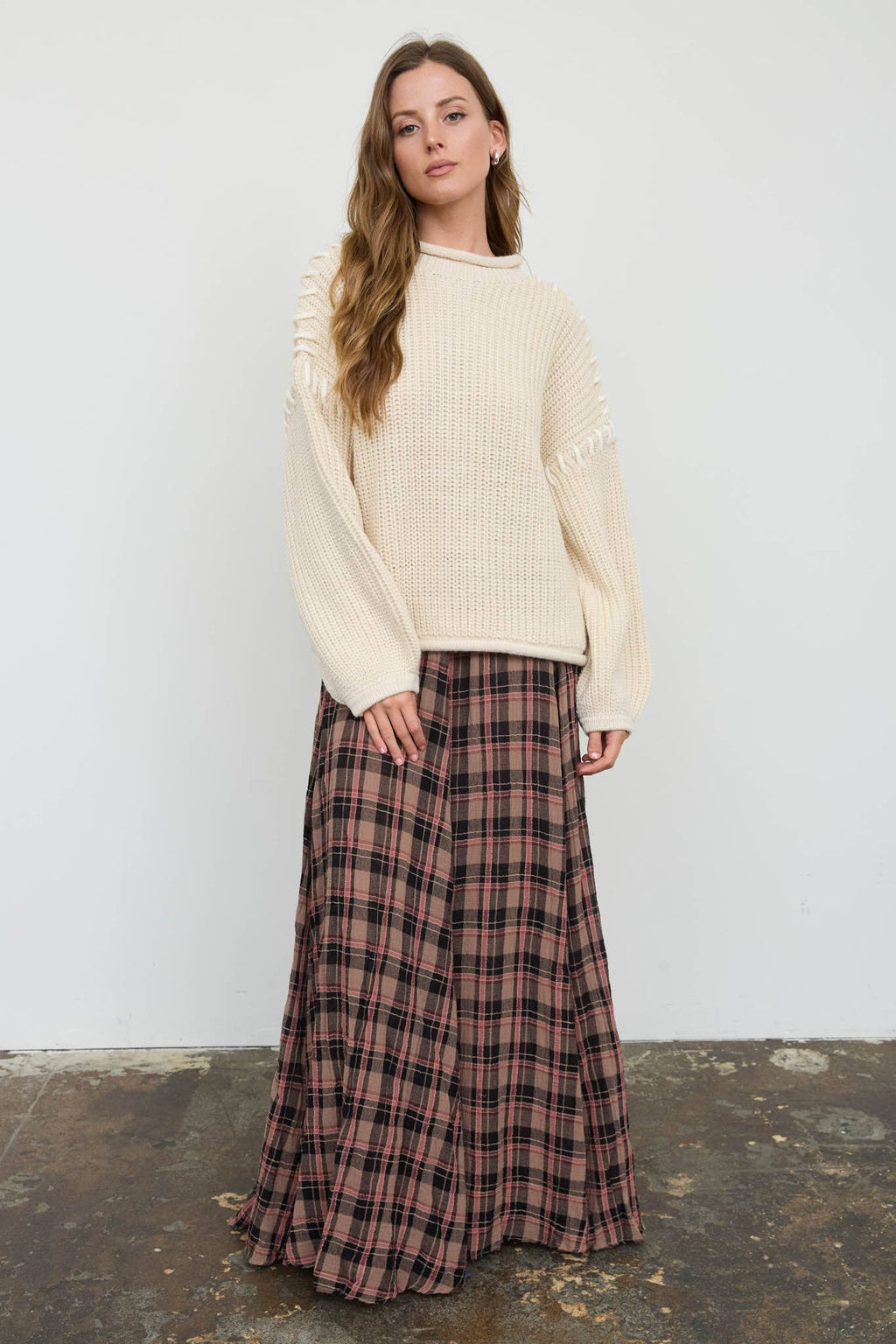 CONTRAST STITCH DETAIL MOCK NECK CHUNKY SWEATER