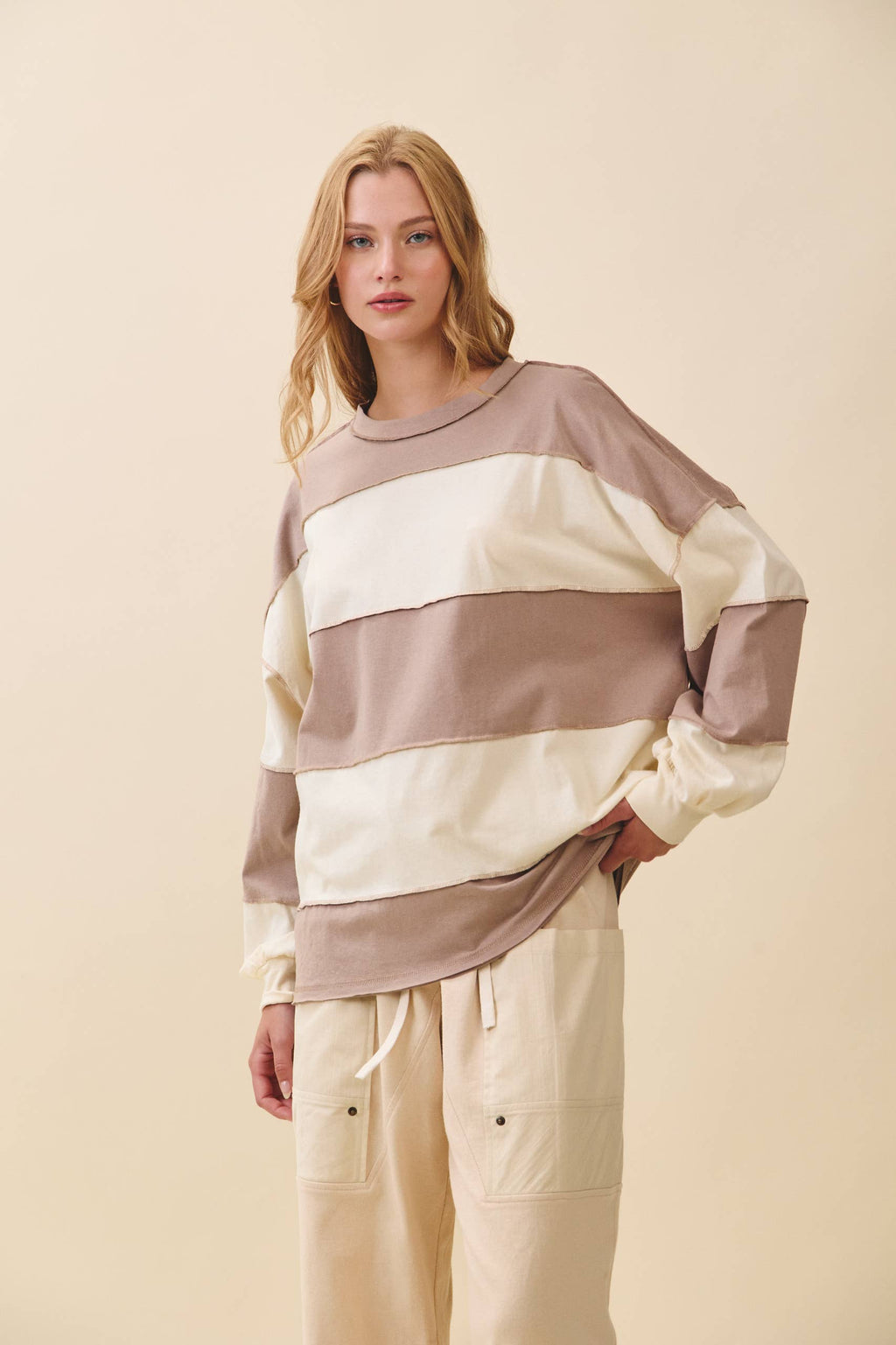 8551GN Contrast Panel Long Sleeve Slouchy Top