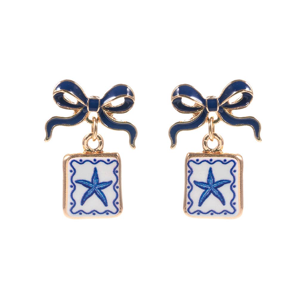 Bow Shell Print Square Frame Drop Earrings
