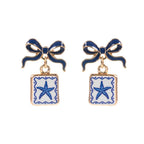 Bow Shell Print Square Frame Drop Earrings