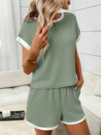 Waffle Knit Lounge Set Casual Shorts Outfit