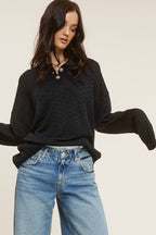 Baggy Knit Sweater with Henley Collar