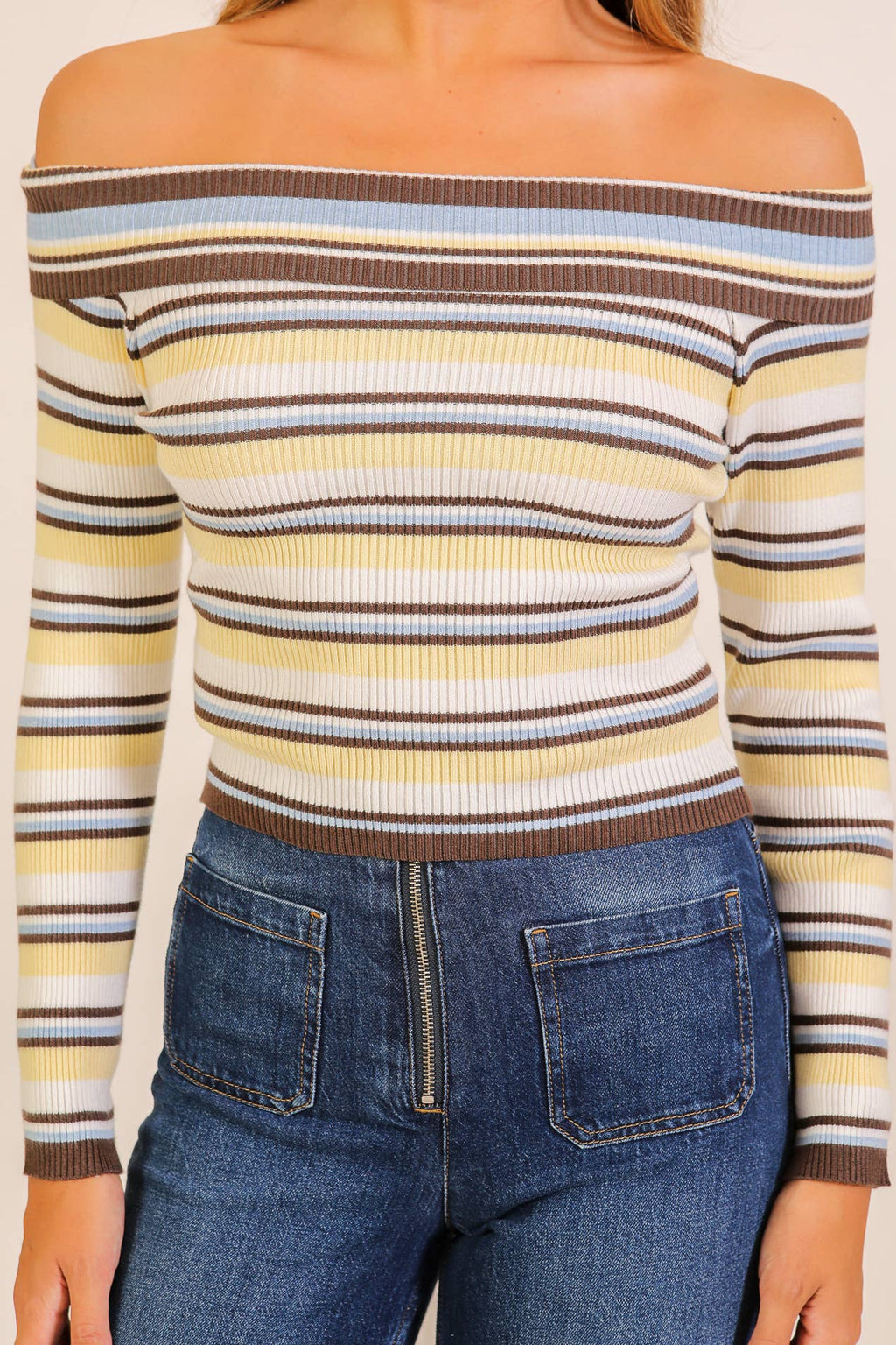 Striped Foldover Off-Shoulder Sweater Top