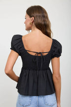 V NECK LADDER LACE PUFF SLEEVE BUTTON DOWN TOP