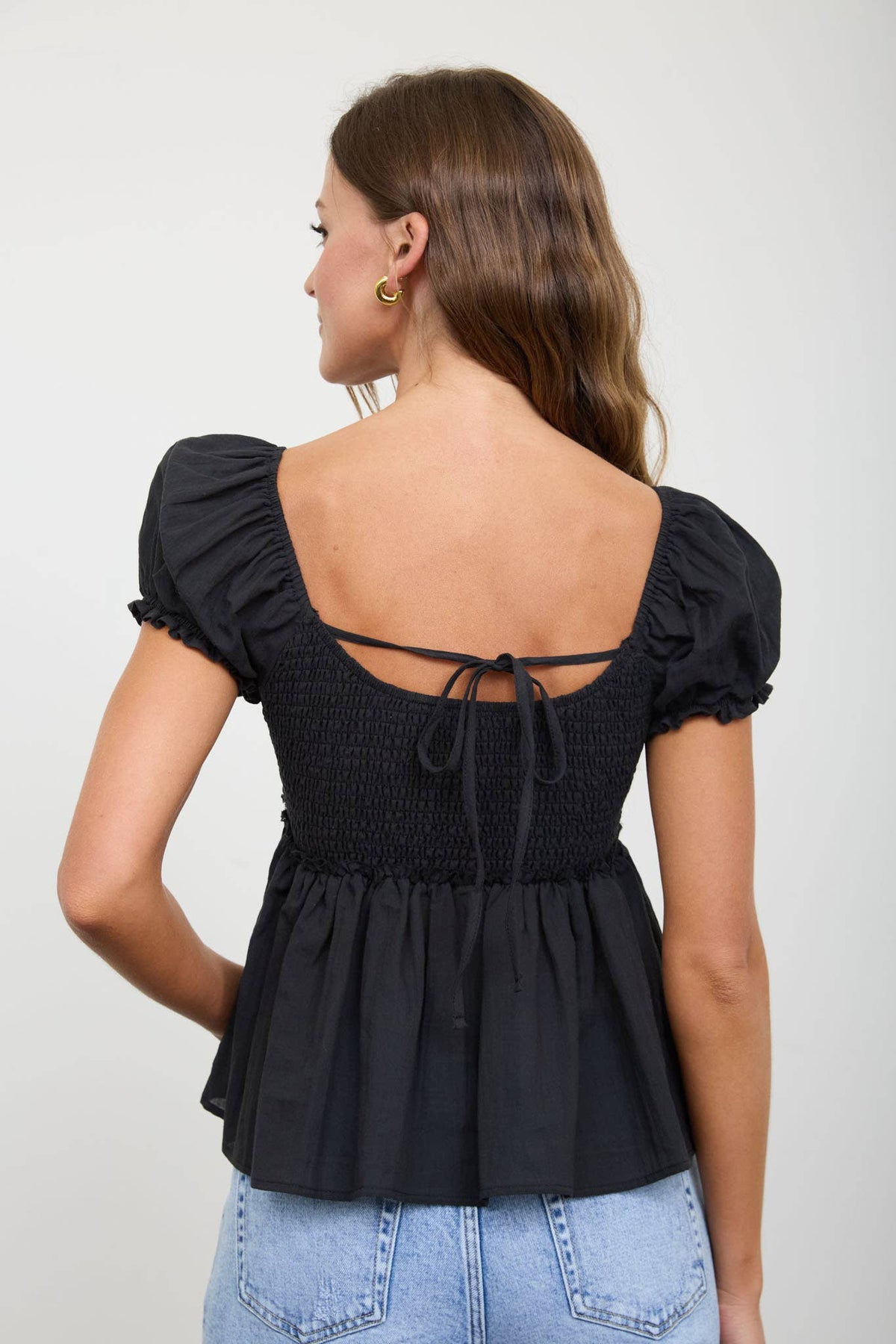 V NECK LADDER LACE PUFF SLEEVE BUTTON DOWN TOP