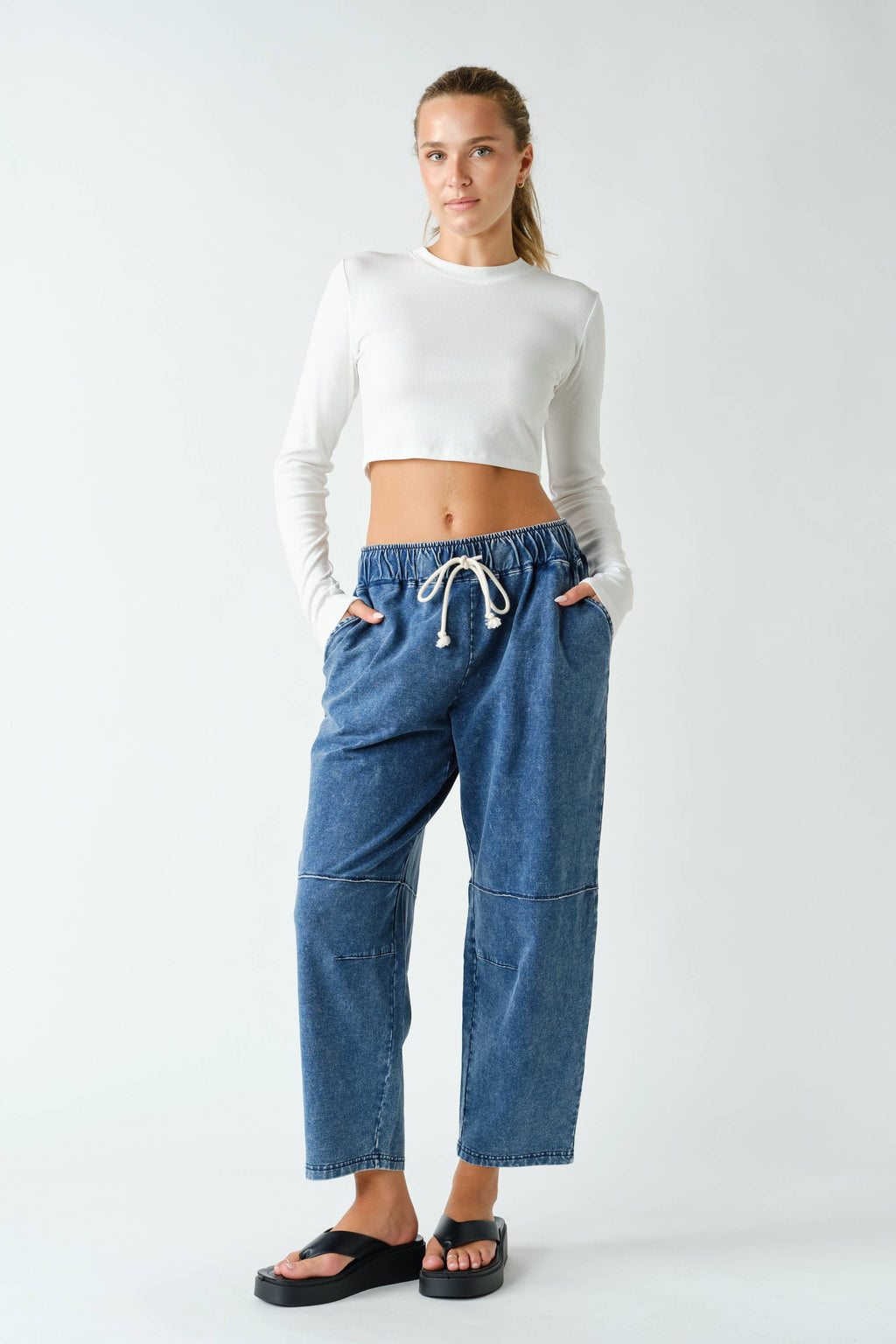 Cotton Blend Mineral Wash Cropped Straight Leg Pants