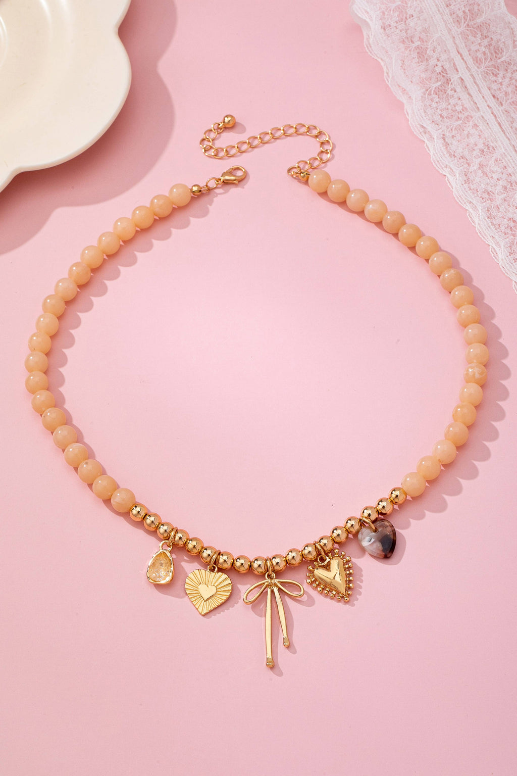 Beige Beaded Bow Heart Rhinestone Charm Necklace | 80N92689