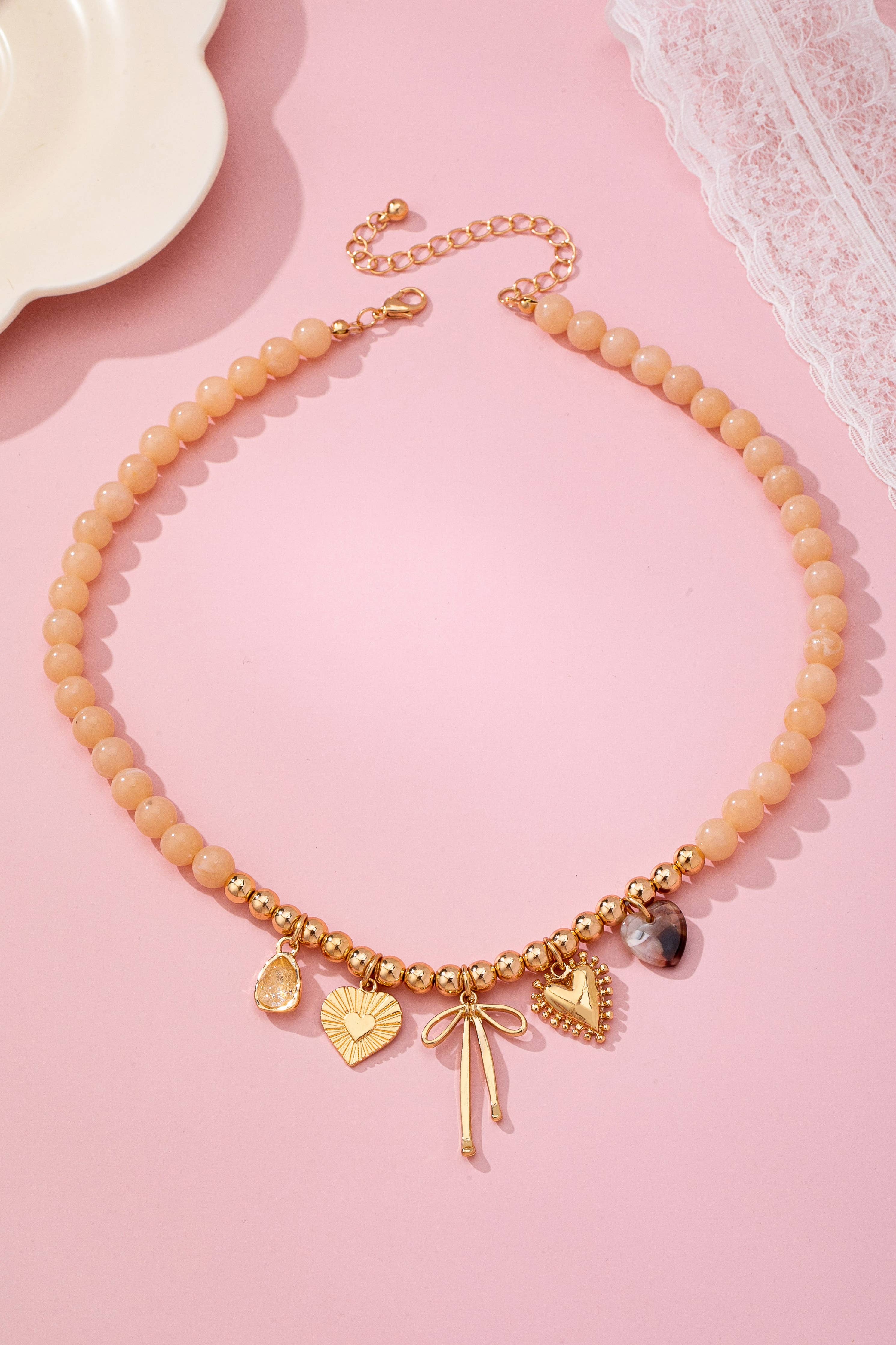 Beige Beaded Bow Heart Rhinestone Charm Necklace | 80N92689