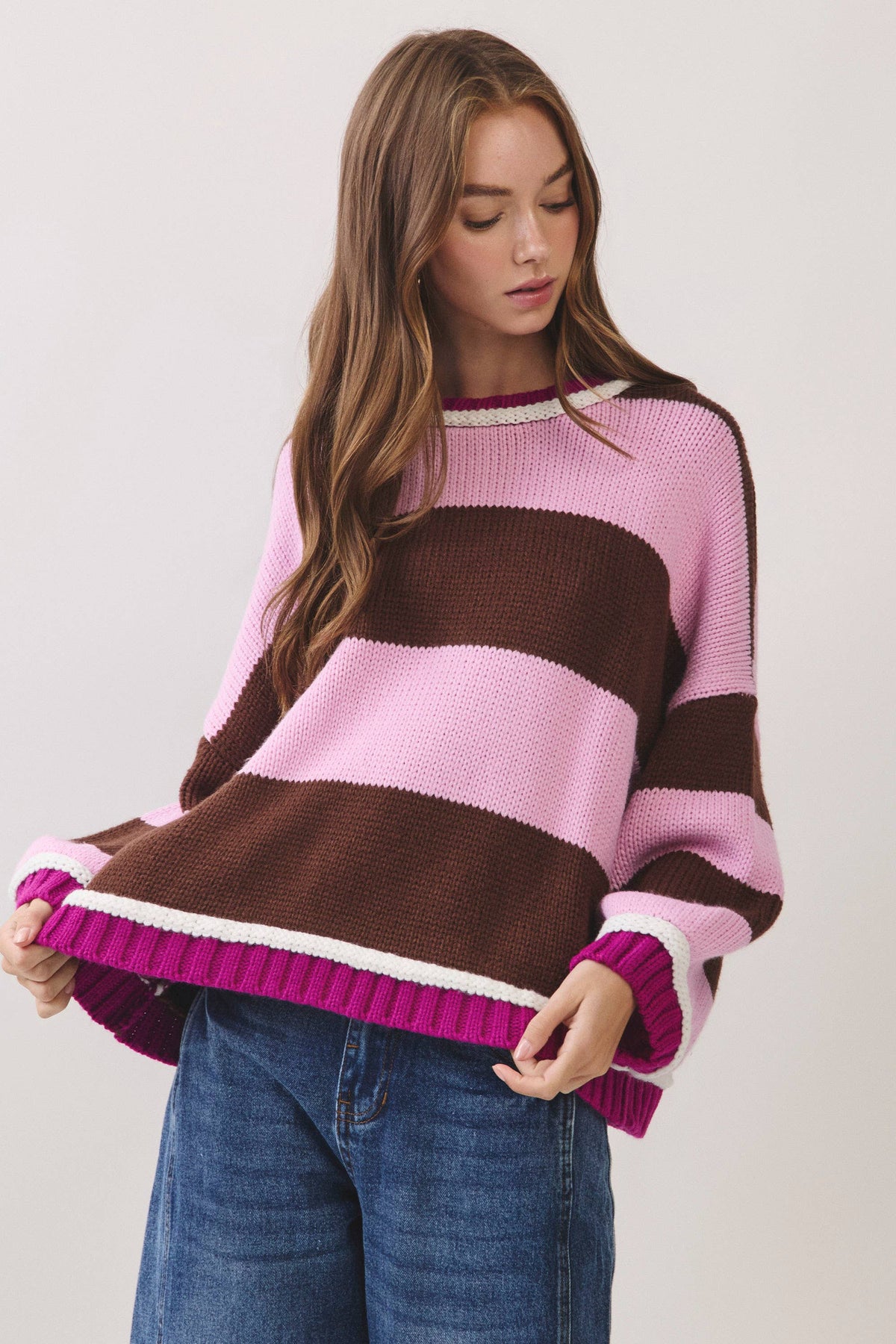 CW2669-Color Block Stripe Knit Sweater