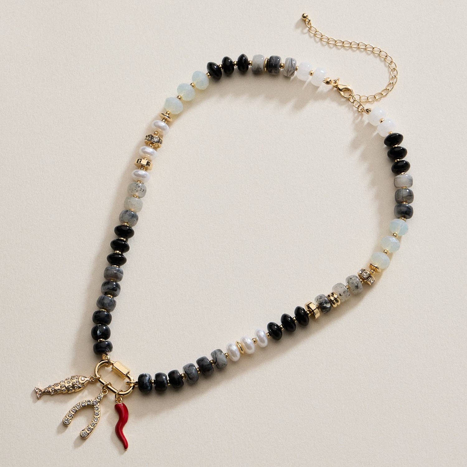 Textured Glass Bead Necklace with Charm Trio
