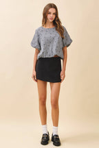 CT9534-Black and White Gingham Mini Bow Print Top