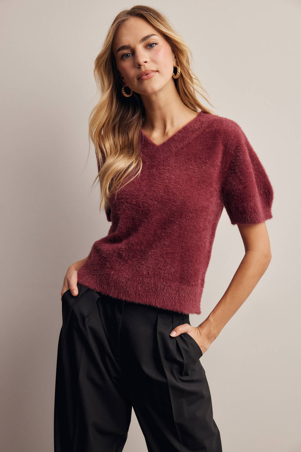 Fuzzy V-Neck Knit Top FSW0105