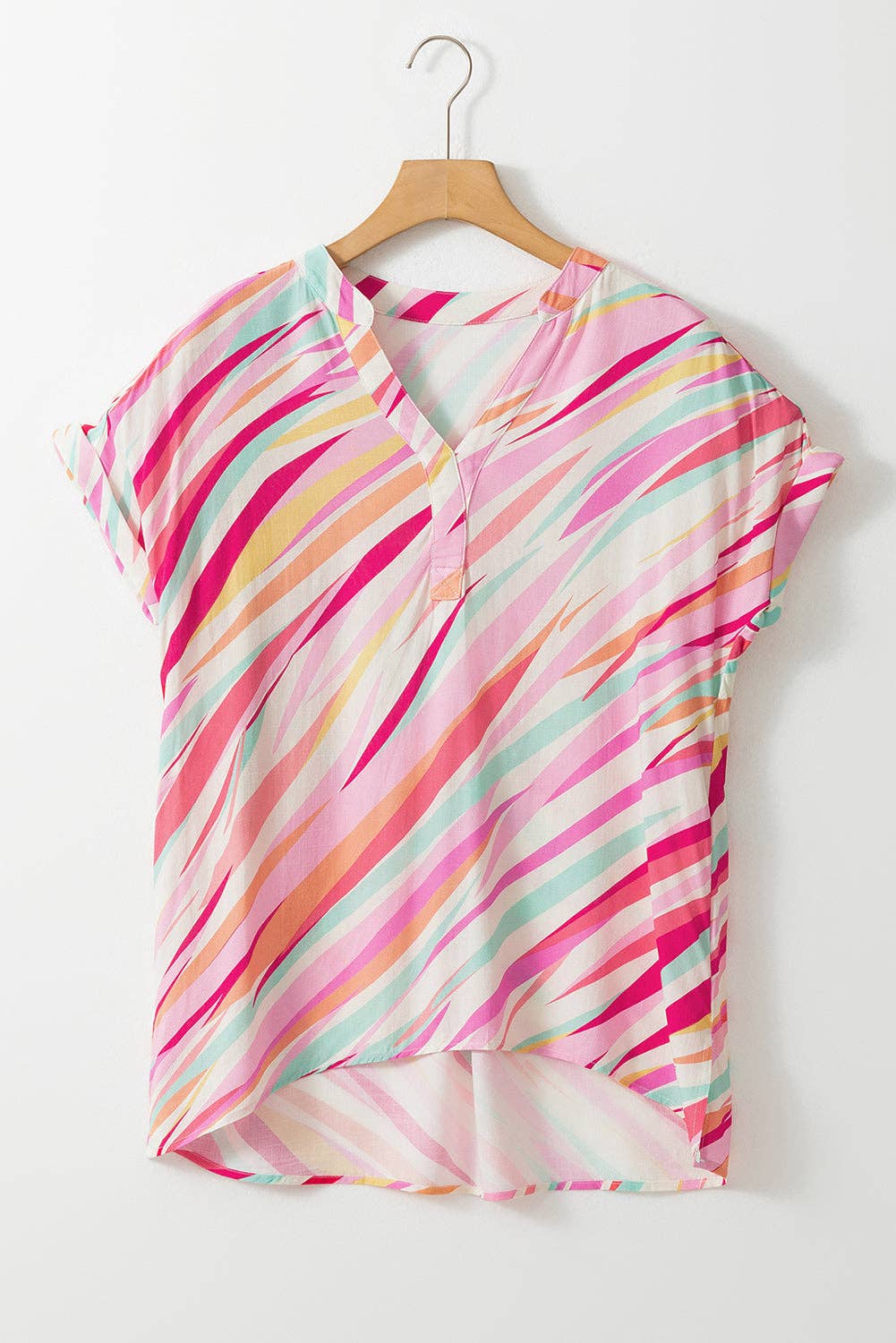 PRETTY BASH Abstract High Low Short Sleeve Blouse