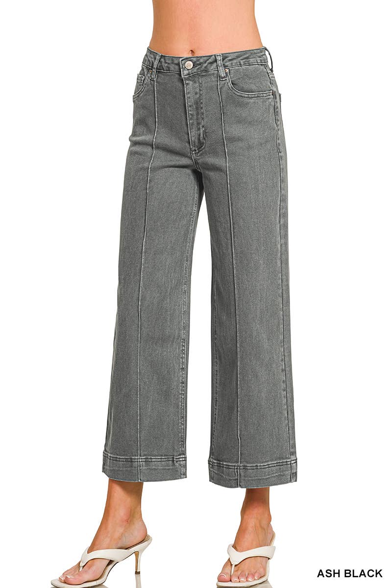 High Rise Wide Leg Pintuck Color Denim Pants