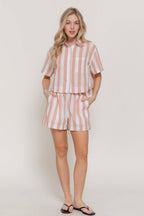 Short Sleeve Shirt & Wide Stripe Linen Effect Shorts Set