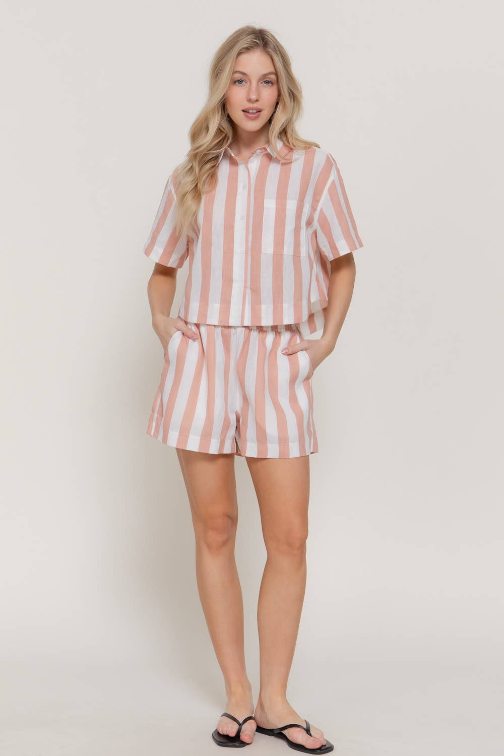 Short Sleeve Shirt & Wide Stripe Linen Effect Shorts Set