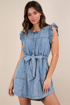 ND31543-Washed Chambray Ruffle Detail Mini Dress