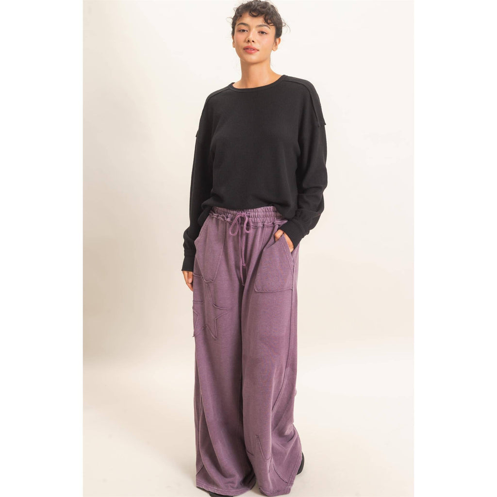 Mineral Wash Star Patch And Print Wide Leg Pants