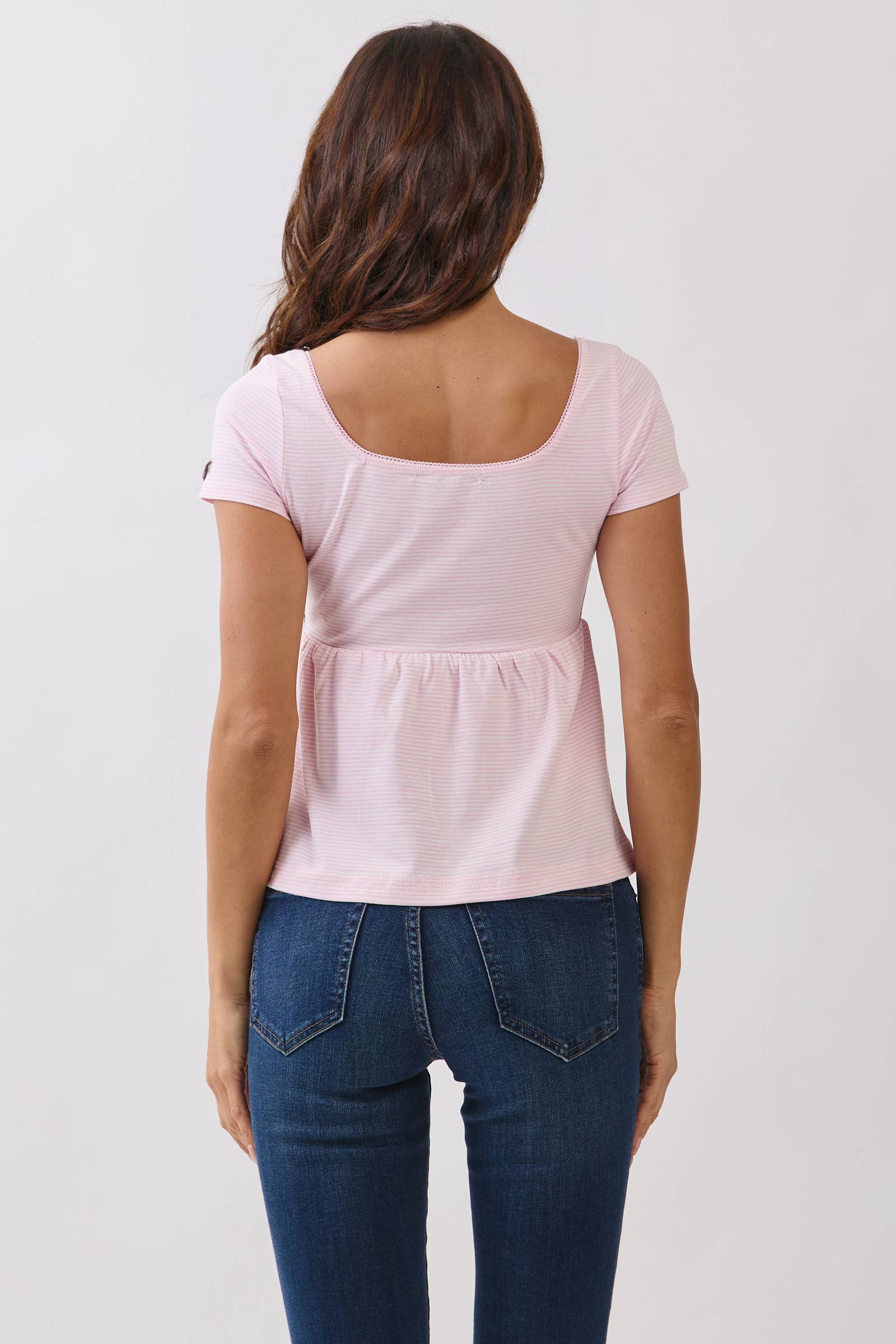 JT57348S - STRIPE SQUARE NK HENLEY BABYDOLL TEE