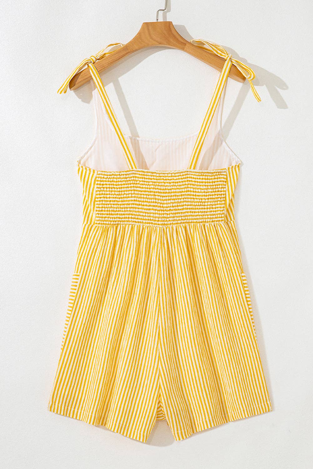 Stripe Tie Shoulder Smocked Wide Leg Romper