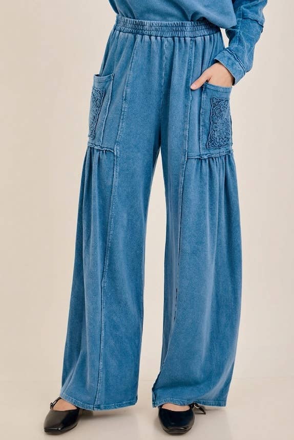 Mineral Washed Boho Trim Patched Pockets Pants HP7542