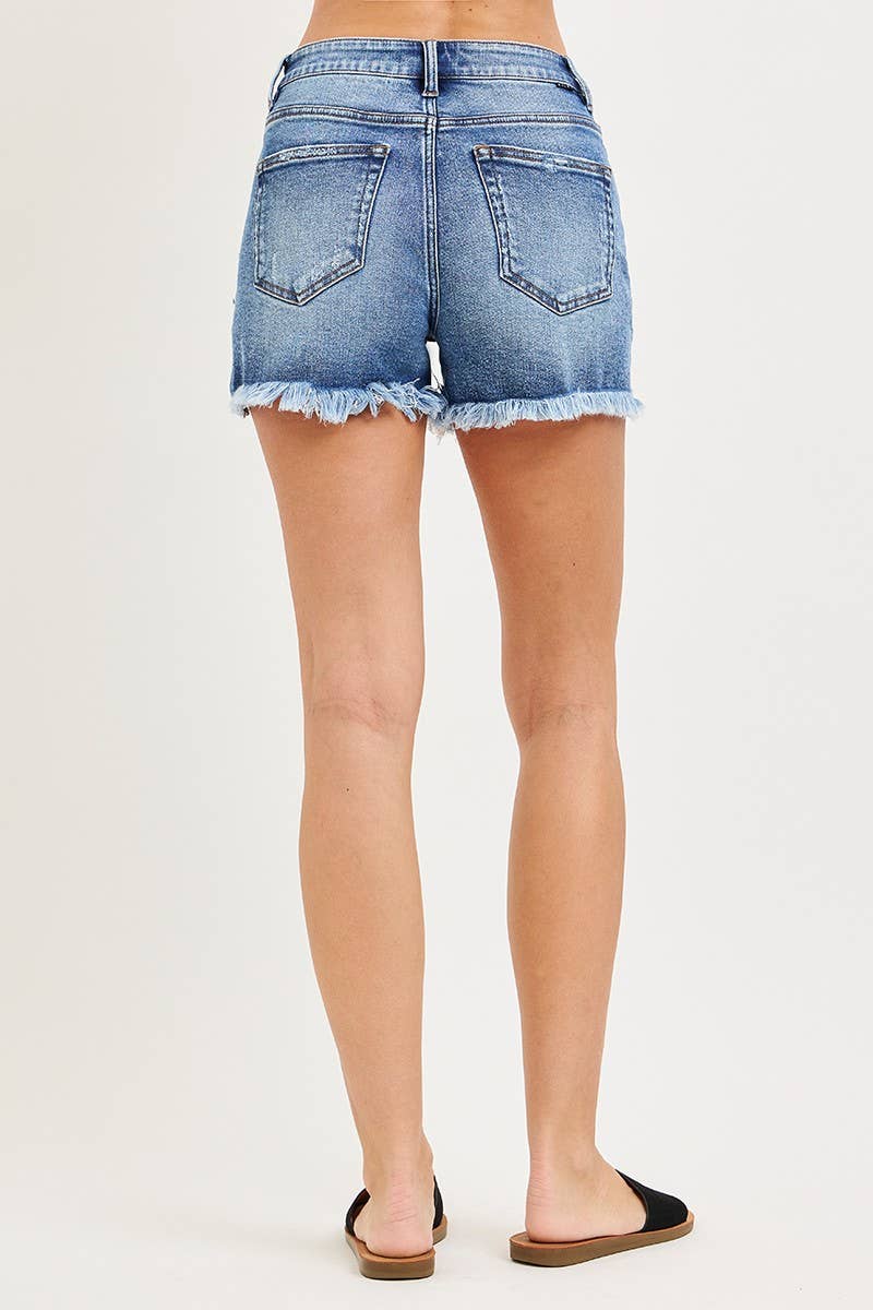 High Rise Button Down Step Side Hem Shorts