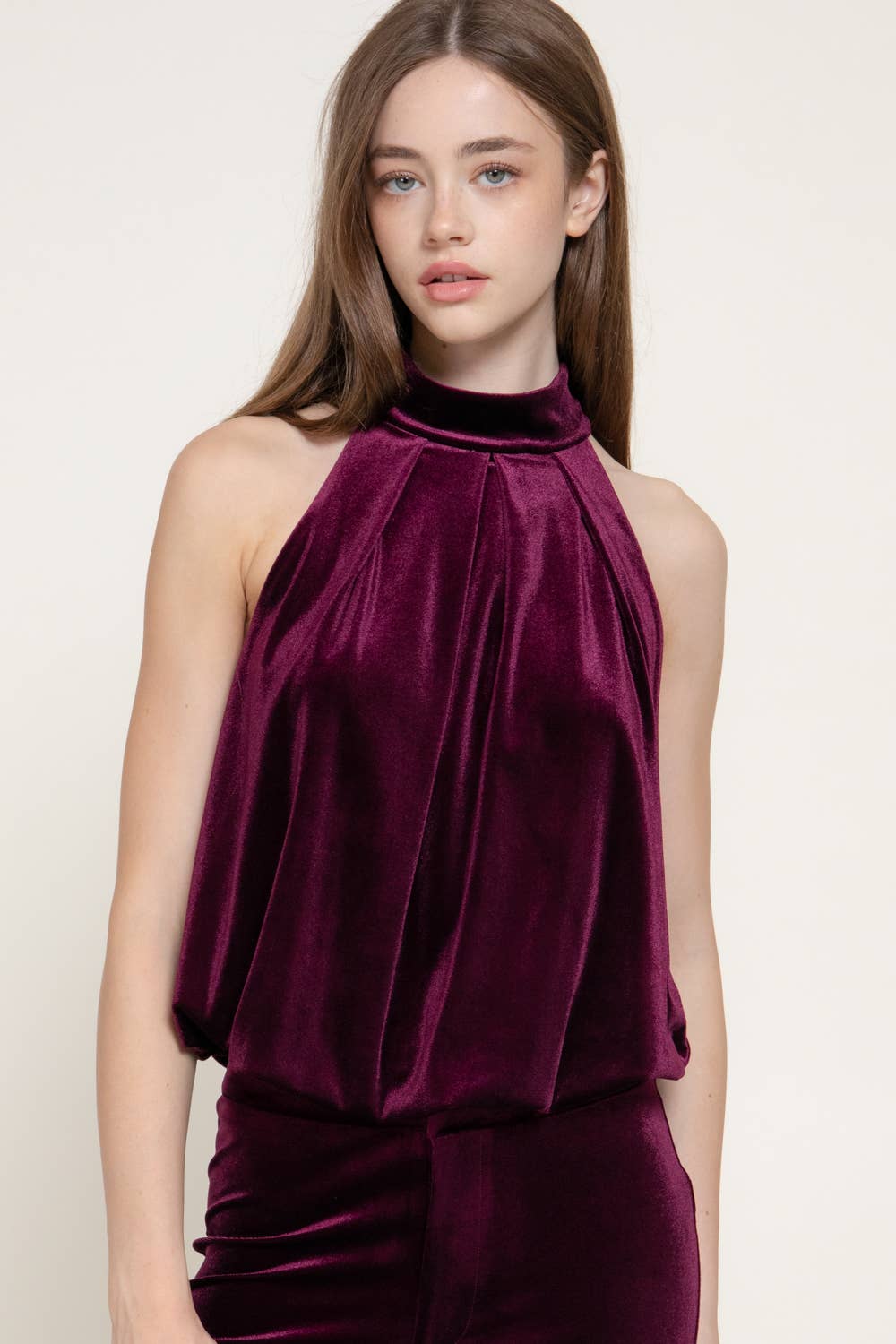 Halter Neck Shirred Hem with Inner Elastic Velvet Top