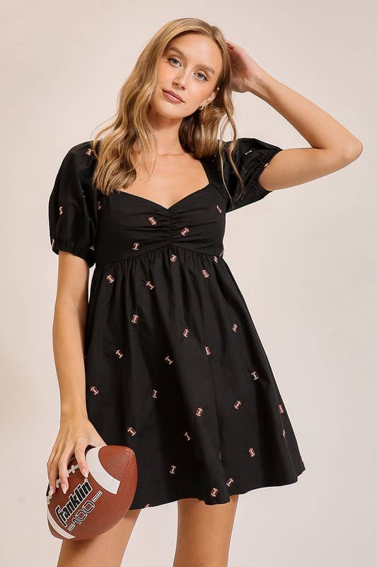 Football Embroidered Game Day Puff Sleeve Dress