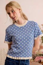 POLKA DOT RUFFLED SHORT SLEEVES SWEATER KNIT TOP