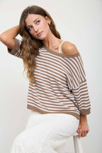STRIPE CONTRAST TRIM SHORT SLEEVE KNIT SWEATER