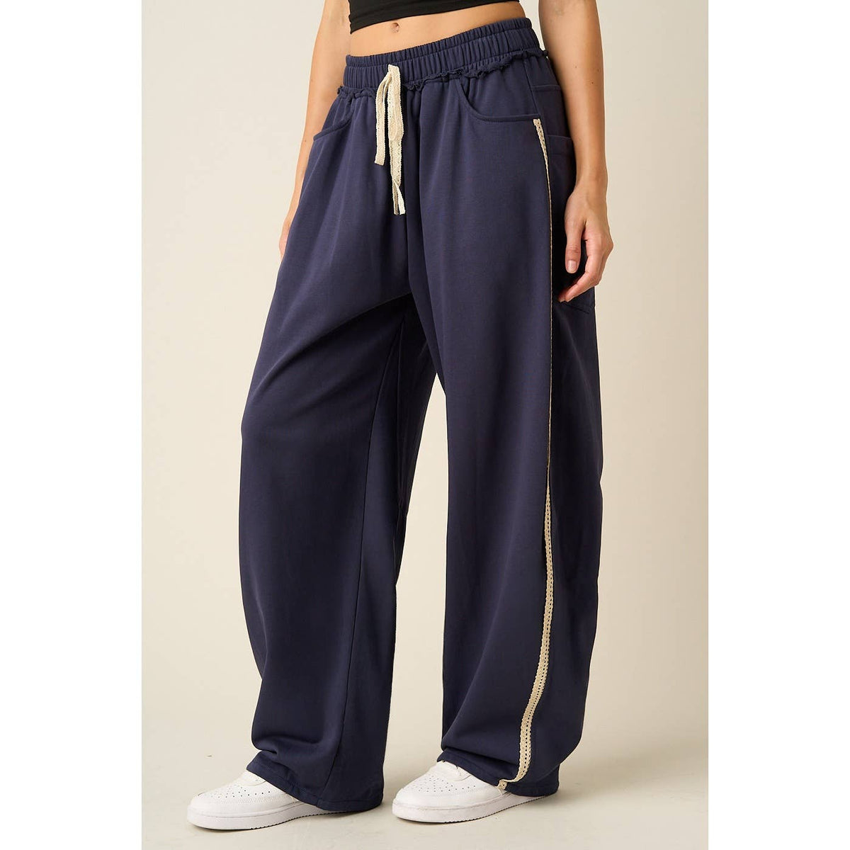 LACE TRIM BARREL LEG DRAWSTRING PANTS