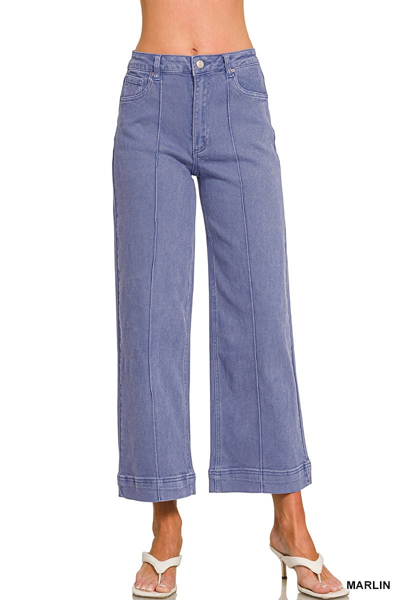High Rise Wide Leg Pintuck Color Denim Pants